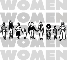International Womens Day Outline Drawing Illustration. Multiracial Group of Women