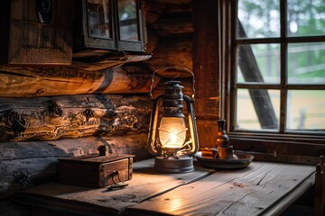 antique lighting and lantern on the counter of a log cabin