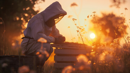 Beekeepers working in a bee farm - obrazy, fototapety, plakaty