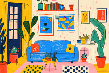illustration modern living room interior with dopamine decor.