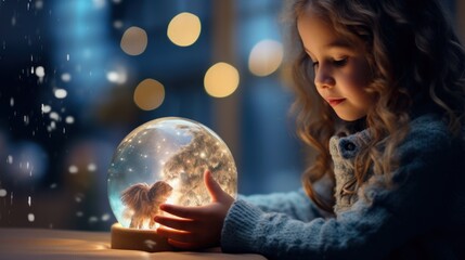 Naklejka premium Celebrate the holidays with a sweet image of a little girl against Christmas lights, holding a magical glowing ball in anticipation of the season's wonders.
