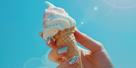 Hand holding an ice cream cone against the background of the sea
