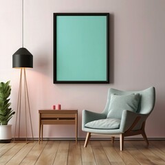3d frame mockup with home decor. simple vertical frame on the wall. Wodern table with turquoise background, Dark brown furniture, Dark pink carpet. 
