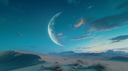 An ethereal Eid Mubarak moment with the moon casting its magical glow over a pristine desert landscape - obrazy, fototapety, plakaty