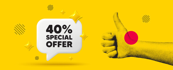 Hand showing thumb up like sign. 40 percent discount offer tag. Sale price promo sign. Special offer symbol. Discount chat box 3d message. Grain dots hand. Like thumb up sign. Vector