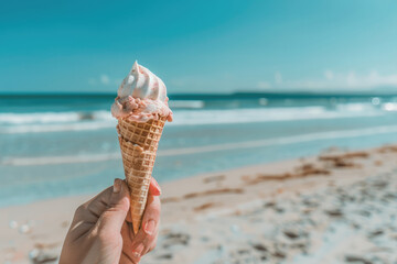 Hand holding an ice cream cone against the background of the sea