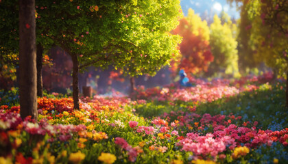 Beautiful colorful spring landscape with a blooming garden. Artistic limited depth of field. Focus on front view.