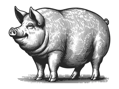 recommend clip art: Fat pig in a vintage engraving style, with detailed shading and textures sketch engraving generative ai fictional character vector illustration. Scratch board imitation. Black and white image.