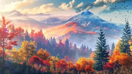 the mountain autumn landscape with colorful forest - obrazy, fototapety, plakaty