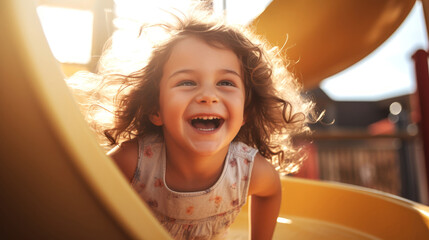 Happy kid girl sliding down a playground slide. Concept of childhood play, happiness, outdoor activity, and summer fun. - obrazy, fototapety, plakaty