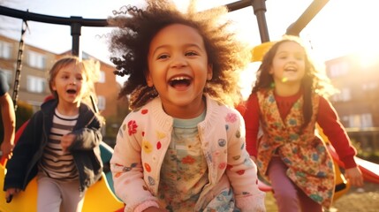 Happy children of different nationalities play at playground. Concept of childhood joy, outdoor activities, friendship, happiness, summertime, and diverse youth.