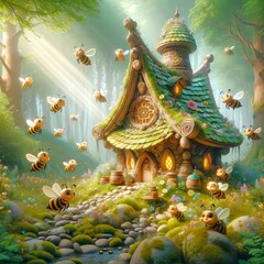Fototapeta premium Enchanted forest scene with whimsical bee house. Funny bees in a vibrant, floral landscape. Concept of fantasy nature, storybook scenes, and magical gardens. Digital art