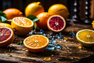 Picture a vibrant scene of sliced citrus fruits on a rustic wooden table, with droplets of juice...