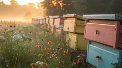 Peaceful apiary among wildflowers. Bee hives in a sunlit meadow. Beekeeping. Concept of apiculture, honey farming, serene agriculture, natural beauty, pollinator habitats