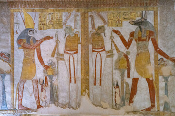 Hieroglyphs and drawings of Egyptian gods, Valley of the Kings, Ancient Egypt