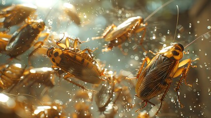 Realistic cockroaches among filth and debris. Pests in an unclean setting. Concept of hygiene maintenance, extermination, and infestation prevention. - obrazy, fototapety, plakaty
