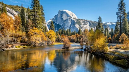 View of Half Dome and Merced River from Yosemite Valley in Yosemite National Park in autumn.