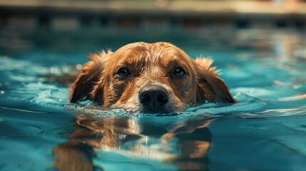 Dog swimming in the pool of the yard