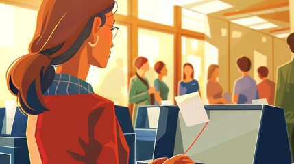 Caucasian woman casting her ballot at a polling station. Female voter. Concept of elections, civic duty, democratic process, voting rights, freedom.  presidential elections. Digital illustration - obrazy, fototapety, plakaty
