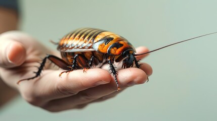 Person Hand holding a Madagascar hissing cockroach. Gentle interaction with nature. Concept of exotic pets, entomology, wildlife handling, and insect education. - obrazy, fototapety, plakaty