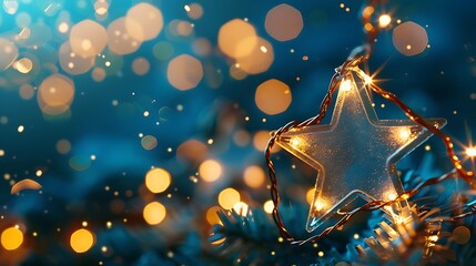 Star shaped Christmas string lights on blue night background with golden bokeh lights - obrazy, fototapety, plakaty