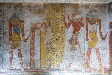 Hieroglyphs and drawings of Egyptian gods, Valley of the Kings, Ancient Egypt