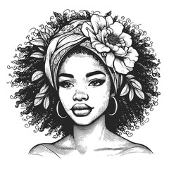 serene young woman adorned floral headdress, grace and natural beauty sketch engraving generative ai fictional character vector illustration. Scratch board imitation. Black and white image. - obrazy, fototapety, plakaty