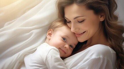 Fototapeta na wymiar Tender parenting: Happy mom and baby in light clothes, a heartwarming scene of love and care.