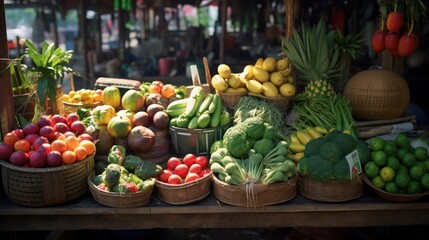 Vegetarian food shop: Vibrant market stall in Asia showcasing a bounty of fresh fruits and vegetables for sale.