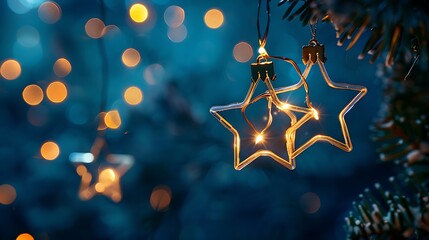 Star shaped Christmas string lights on blue night background with golden bokeh lights