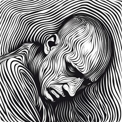 Man thinks about a problem. Time for reflection. Despair, depression, hopelessness or addiction concept. Imitation sketch print in black and white coloring. Design for cover, card, poster, brochure. - obrazy, fototapety, plakaty