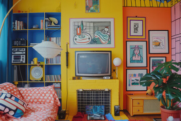 A modern living room interior with dopamine decor.