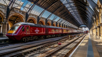 YORK, YORKSHIRE UK - OCTOBER 21 2018: Train waiting at York station showing famous Victorian arches