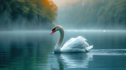 Beautiful white swan stretches on the surface of the water in the lake under the mountain