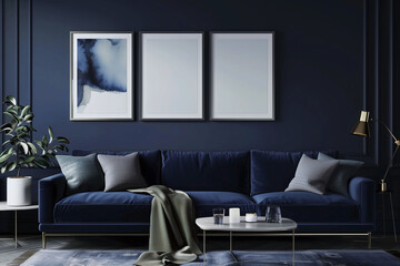 Modern Living Room with Navy Blue Sofa and Art Frames