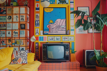 A modern living room interior with dopamine decor.