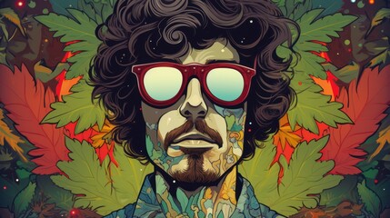 Vintage: close-up drawing of a man's face in glasses against a background of marijuana leaves. - obrazy, fototapety, plakaty