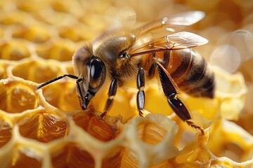 Closeup of a honeybee, a pollinator insect on a honeycomb