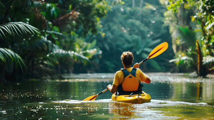 Kayaker in yellow kayak paddling trough river at Amazon rainforest, adventure and lifestyle concept, nature background