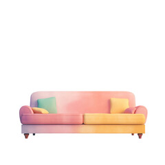 A magenta and peach studio couch with pillows on a transparent background, creating a vibrant contrast. The wooden table adds a touch of art to the room, enhancing comfort on transparent