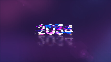 3D rendering 2034 text with screen effects of technological glitches