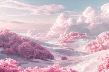 Zelfklevend Fotobehang pink clouds in the mountains dreamy vibe 3d render landscape dreamscape © Cyberpink