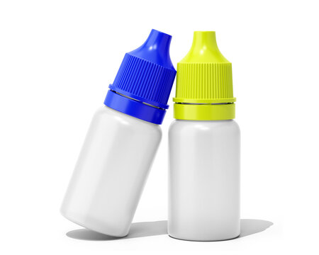 Blank white plastic clear eye dropper bottle with colored cap isolated On Transparent Background. pharmaceutical packaging. 3D Render.	