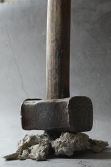 One sledgehammer and pieces of broken stones on grey background, closeup