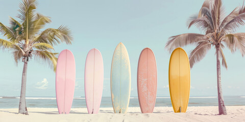 Surfboard and palm tree on beach background. Summer vacation concept. Vintage style