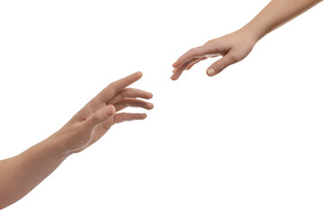 Man and woman reaching to each other on white background, closeup of hands