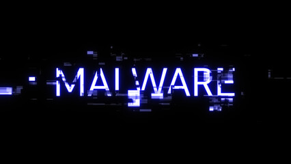 3D rendering malware text with screen effects of technological glitches