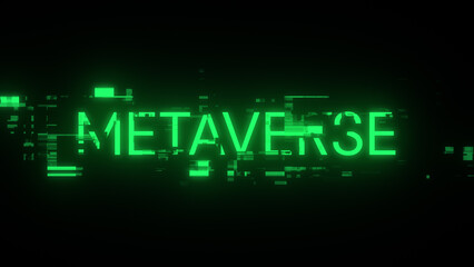 3D rendering metaverse text with screen effects of technological glitches