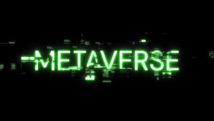 3D rendering metaverse text with screen effects of technological glitches