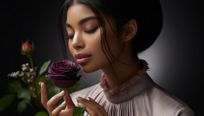 The face of a young woman smelling a red rose. The woman has soft, glowing skin, delicate facial features, and her eyes are gently closed.